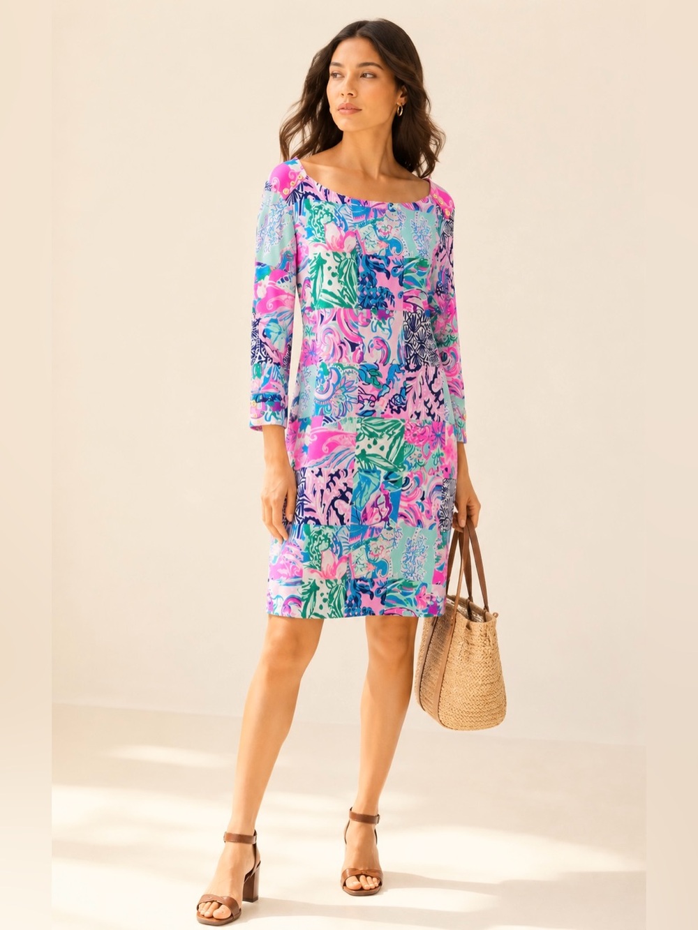 Lilly Pulitzer Coastal Patchwork Stretch Mini Dress Gold Buttons Sz XXL